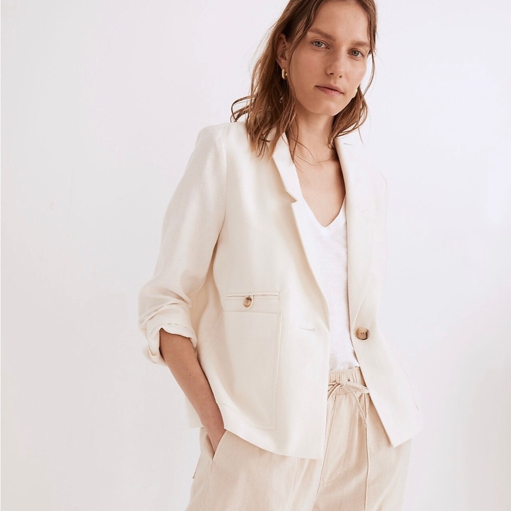 NWT Madewell Clarke Crop Blazer in Travel Linen-Blend, Medium, Bright Ivory